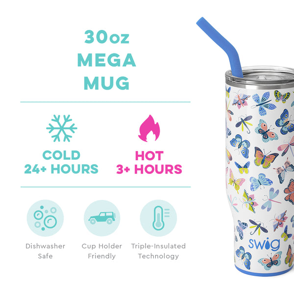 Swig Life 30oz Butterfly Bliss Mega Mug temperature infographic - cold 24+ hours or hot 3+ hours