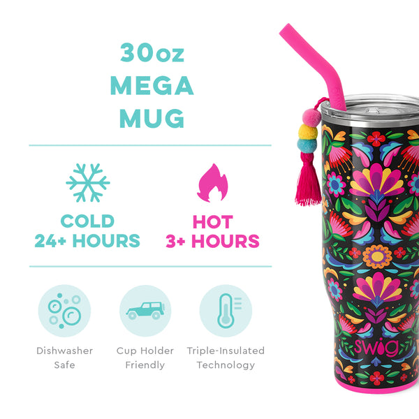 Swig Life 30oz Caliente Mega Mug temperature infographic - cold 24+ hours or hot 3+ hours