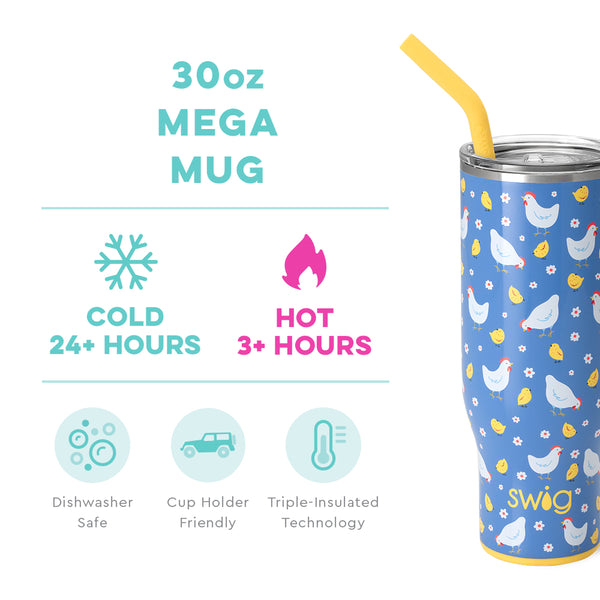 Swig Life 30oz Chicks Dig It Mega Mug temperature infographic - cold 24+ hours or hot 3+ hours