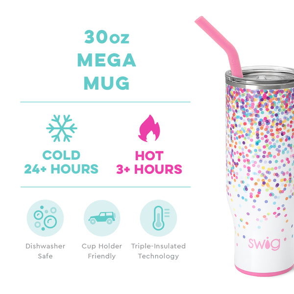 Swig Life 30oz Confetti Mega Mug temperature infographic - cold 24+ hours or hot 3+ hours