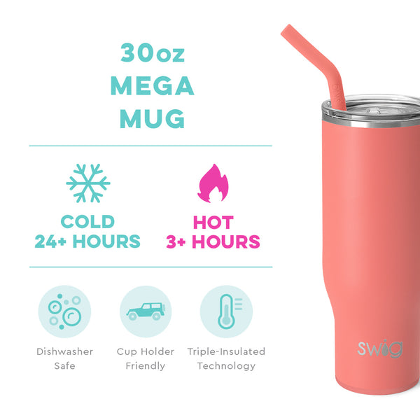 Swig Life 30oz Coral Mega Mug temperature infographic - cold 24+ hours or hot 3+ hours