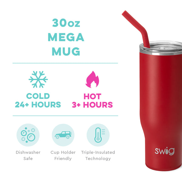 Swig Life 30oz Crimson Mega Mug temperature infographic - cold 24+ hours or hot 3+ hours