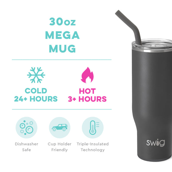 Swig Life 30oz Grey Mega Mug temperature infographic - cold 24+ hours or hot 3+ hours