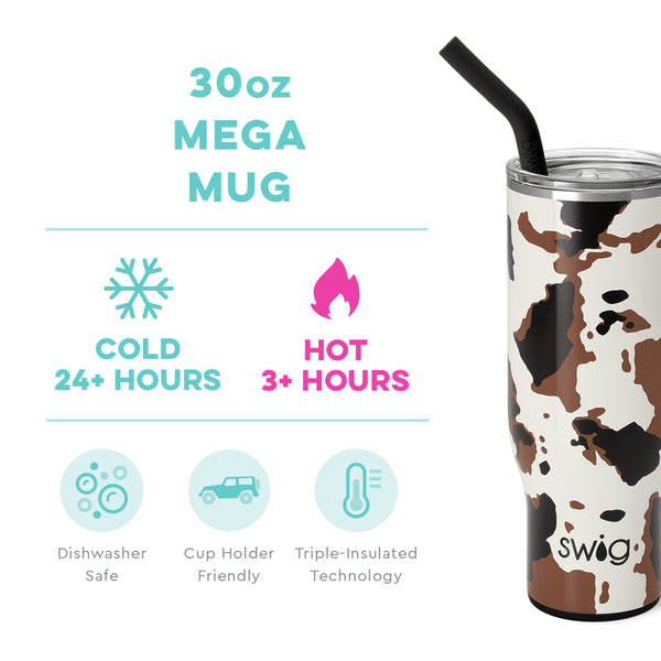 Swig Life 30oz Hayride Mega Mug temperature infographic - cold 24+ hours or hot 3+ hours
