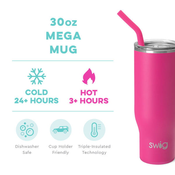 Swig Life 30oz Hot Pink Mega Mug temperature infographic - cold 24+ hours or hot 3+ hours