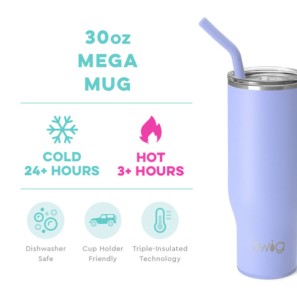 Swig Life 30oz Hydrangea Mega Mug temperature infographic - cold 24+ hours or hot 3+ hours