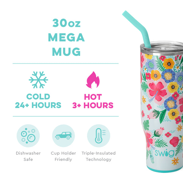 Swig Life 30oz Island Bloom Mega Mug temperature infographic - cold 24+ hours or hot 3+ hours
