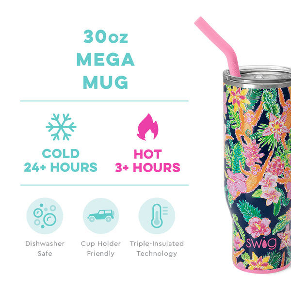 Swig Life 30oz Jungle Gym Mega Mug temperature infographic - cold 24+ hours or hot 3+ hours