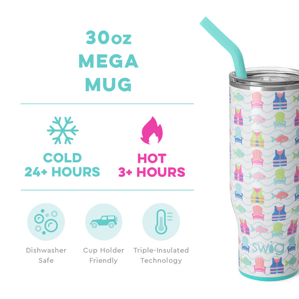 Swig Life 30oz Lake Girl Mega Mug temperature infographic - cold 24+ hours or hot 3+ hours