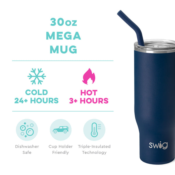 Swig Life 30oz Navy Mega Mug temperature infographic - cold 24+ hours or hot 3+ hours