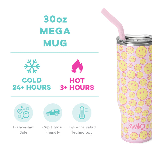 Swig Life 30oz Oh Happy Day Mega Mug temperature infographic - cold 24+ hours or hot 3+ hours
