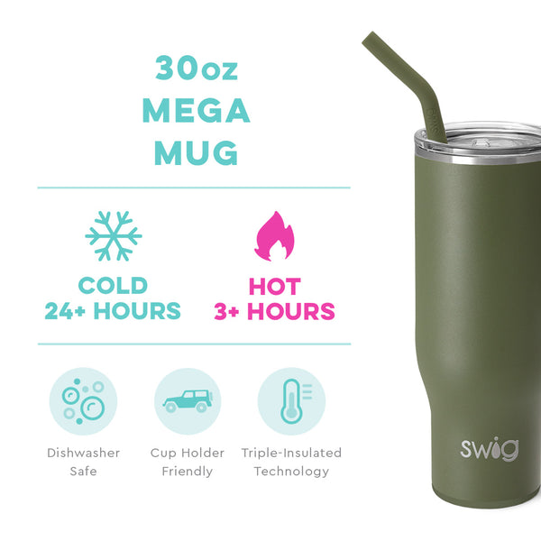Swig Life 30oz Olive Mega Mug temperature infographic - cold 24+ hours or hot 3+ hours