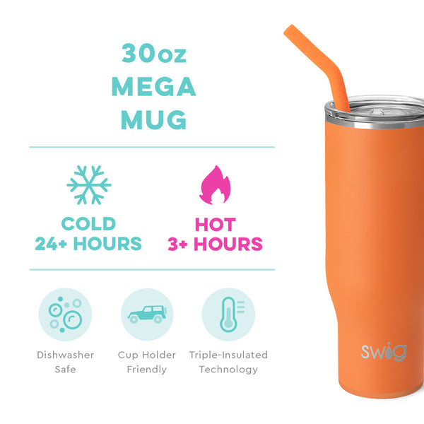 Swig Life 30oz Orange Mega Mug temperature infographic - cold 24+ hours or hot 3+ hours