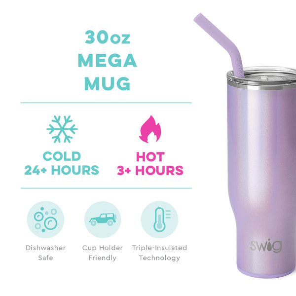 Swig Life 30oz Pixie Mega Mug temperature infographic - cold 24+ hours or hot 3+ hours