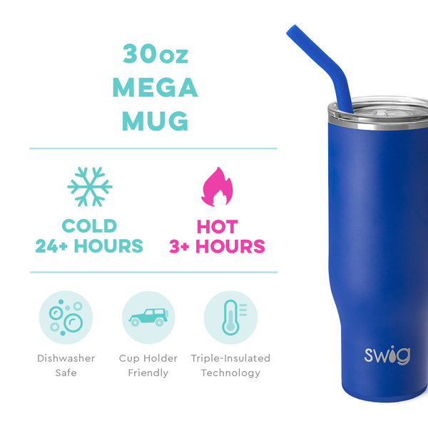 Swig Life 30oz Royal Mega Mug temperature infographic - cold 24+ hours or hot 3+ hours