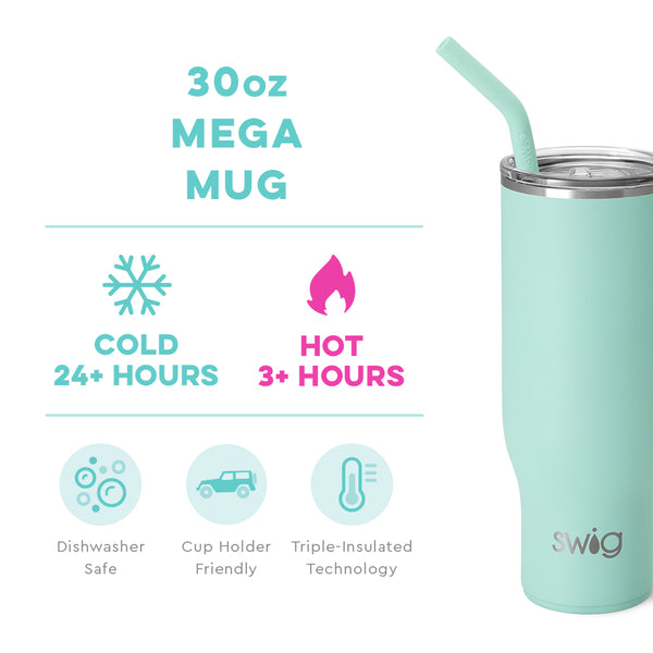 Swig Life 30oz Sea Glass Mega Mug temperature infographic - cold 24+ hours or hot 3+ hours