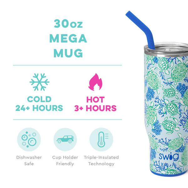 Swig Life 30oz Shell Yeah Mega Mug temperature infographic - cold 24+ hours or hot 3+ hours