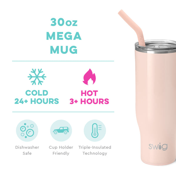 Swig Life 30oz Shimmer Ballet Mega Mug temperature infographic - cold 24+ hours or hot 3+ hours