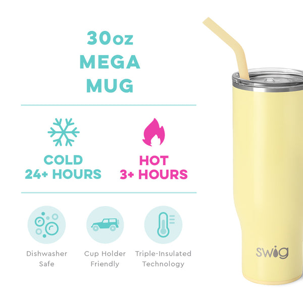 Swig Life 30oz Shimmer Buttercup Mega Mug temperature infographic - cold 24+ hours or hot 3+ hours