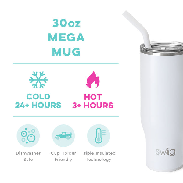 Swig Life 30oz Shimmer White Mega Mug temperature infographic - cold 24+ hours or hot 3+ hours