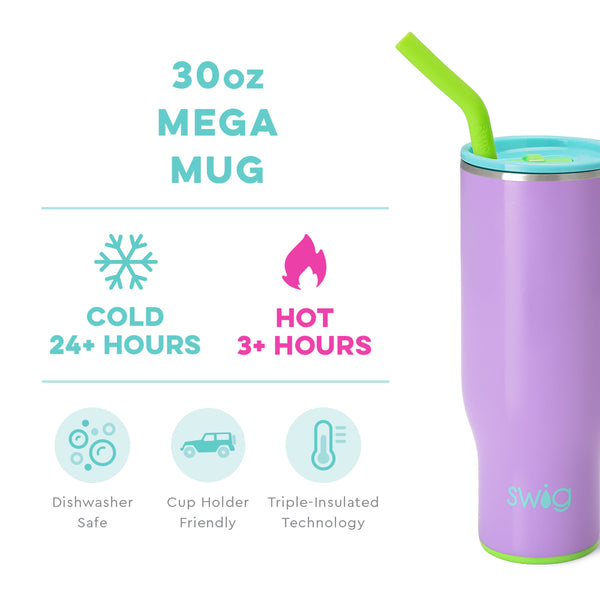 Swig Life 30oz Ultra Violet Mega Mug temperature infographic - cold 24+ hours or hot 3+ hours