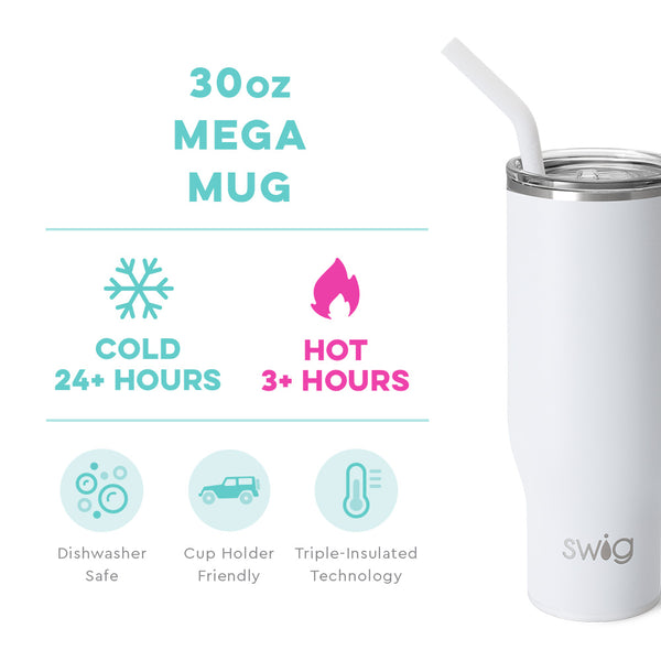 Swig Life 30oz White Mega Mug temperature infographic - cold 24+ hours or hot 3+ hours