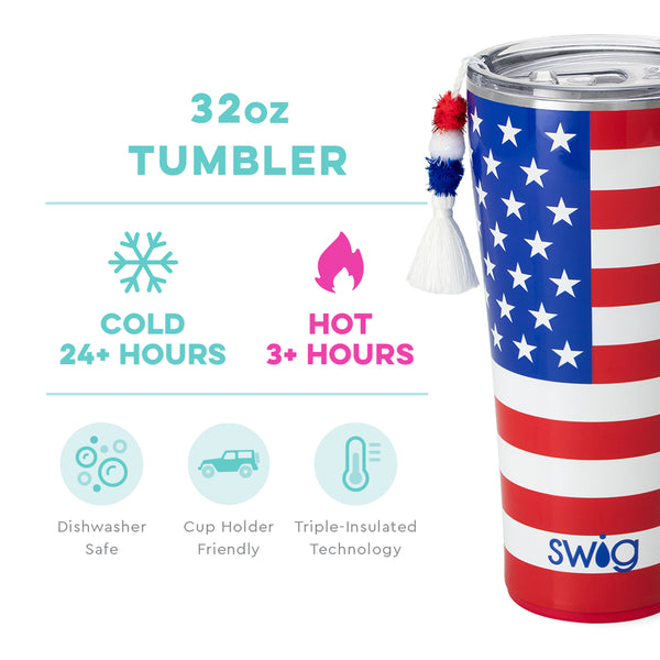 Swig Life 32oz All American Tumbler temperature infographic - cold 24+ hours or hot 3+ hours