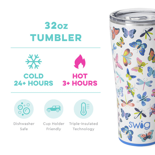 Swig Life 32oz Butterfly Bliss Tumbler temperature infographic - cold 24+ hours or hot 3+ hours