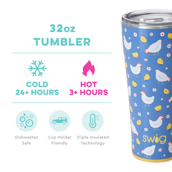 Swig Life 32oz Chicks Dig It Tumbler temperature infographic - cold 24+ hours or hot 3+ hours