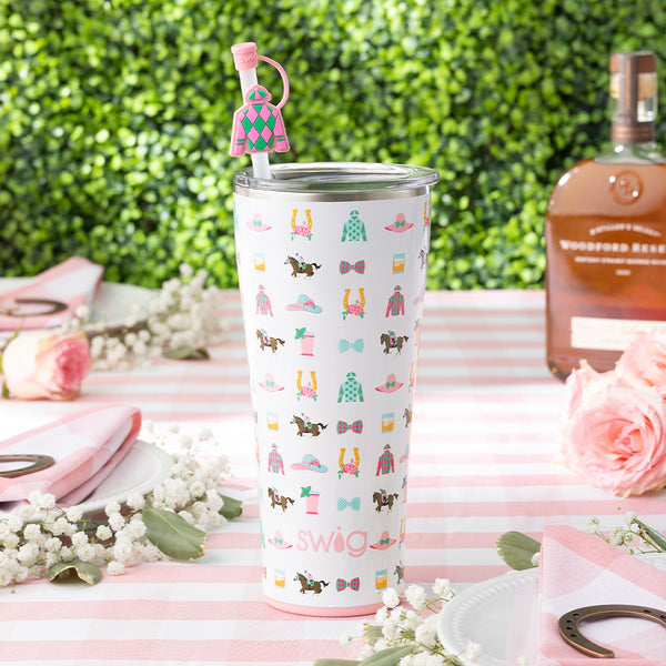 Swig Life Derby Day 32oz Insulated Tumbler on a striped table cloth with a Derby Day Straw Topper on the reusable straw