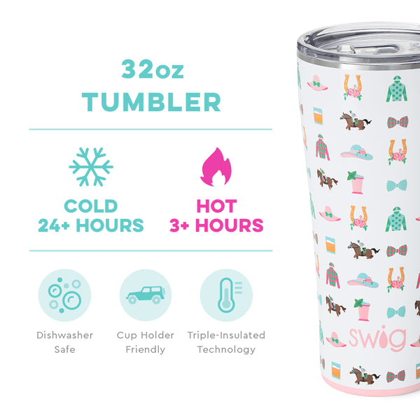 Swig Life 32oz Derby Day Tumbler temperature infographic - cold 24+ hours or hot 3+ hours