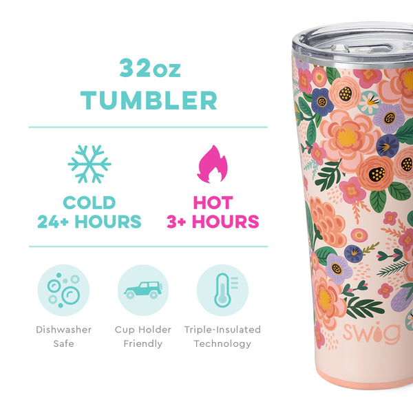 Swig Life 32oz Full Bloom Tumbler temperature infographic - cold 24+ hours or hot 3+ hours