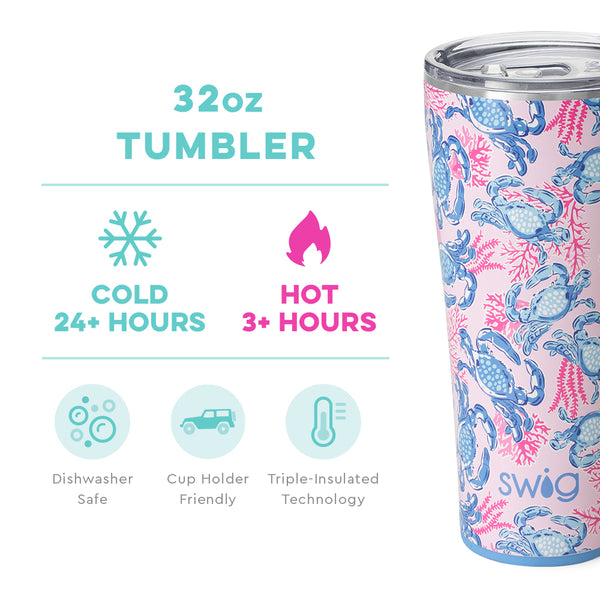 Swig Life 32oz Get Crackin' Tumbler temperature infographic - cold 24+ hours or hot 3+ hours