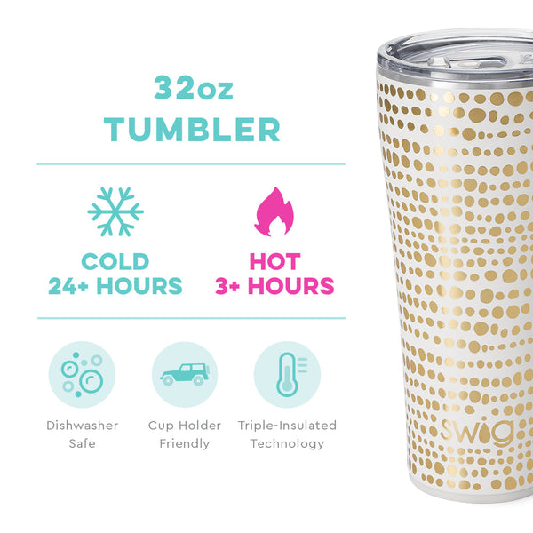 Swig Life 32oz Glamazon Gold Tumbler temperature infographic - cold 24+ hours or hot 3+ hours