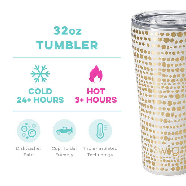 Swig Life 32oz Glamazon Gold Tumbler temperature infographic - cold 24+ hours or hot 3+ hours