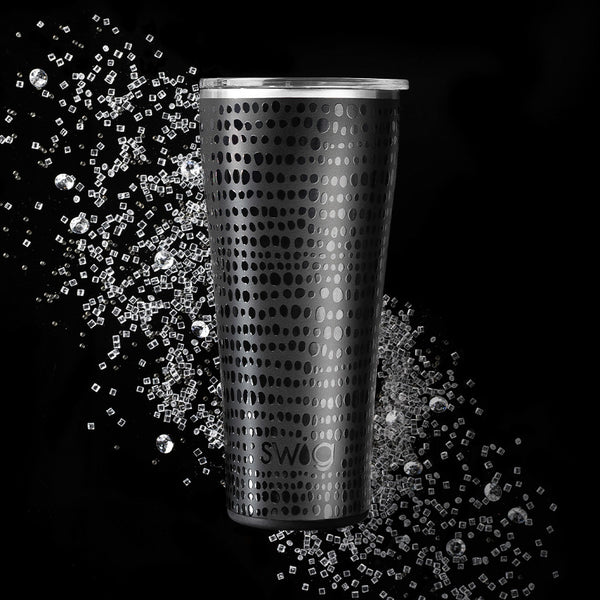 Swig Life 32oz Glamazon Onyx Insulated Tumbler on a black background with clear crystals