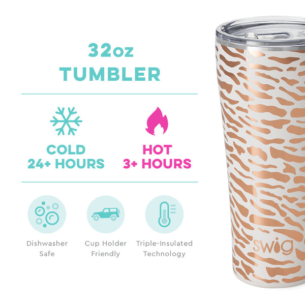 Swig Life 32oz Glamazon Rose Tumbler temperature infographic - cold 24+ hours or hot 3+ hours