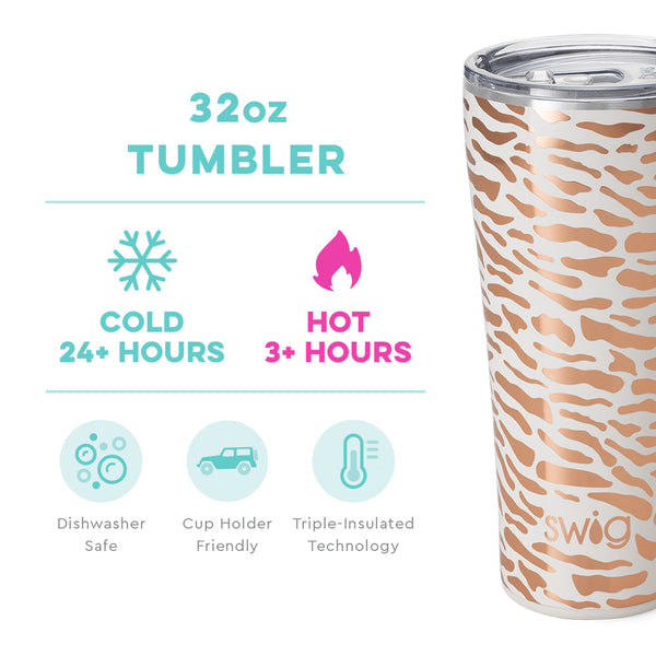 Swig Life 32oz Glamazon Rose Tumbler temperature infographic - cold 24+ hours or hot 3+ hours