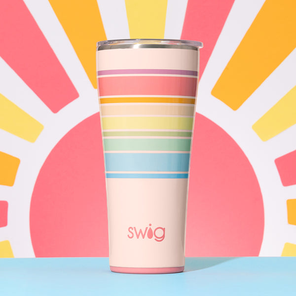 Swig Life 32oz Good Vibrations Insulated Tumbler on a colorful graphic background with a sun
