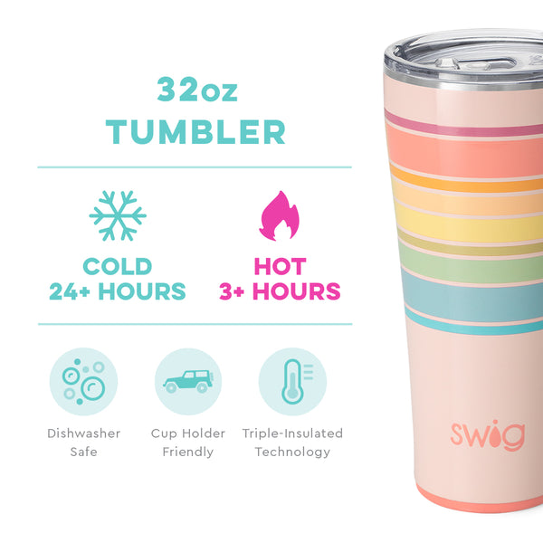 Swig Life 32oz Good Vibrations Tumbler temperature infographic - cold 24+ hours or hot 3+ hours