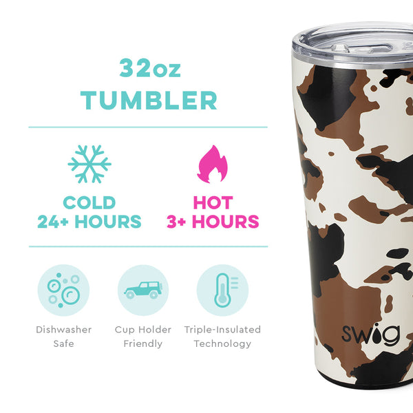 Swig Life 32oz Hayride Cow Print Tumbler temperature infographic - cold 24+ hours or hot 3+ hours
