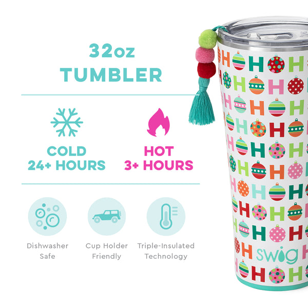 Swig Life 32oz Hohoho Tumbler temperature infographic - cold 24+ hours or hot 3+ hours