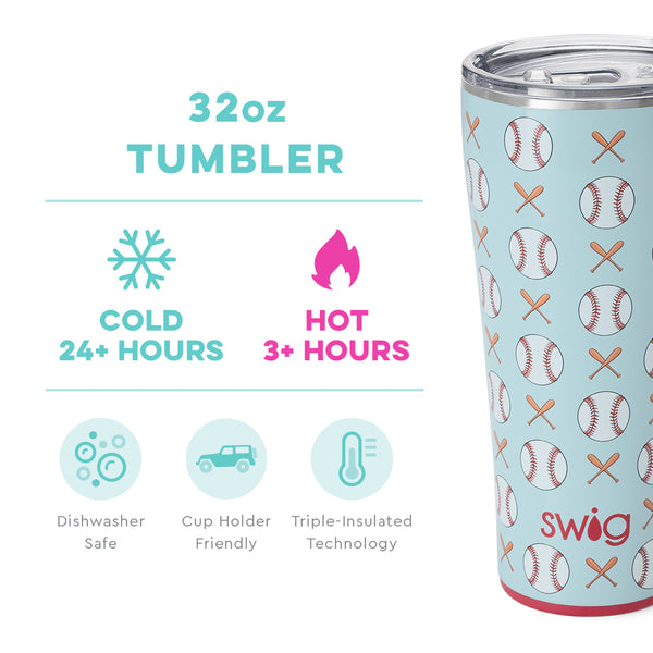 Swig Life 32oz Home Run Tumbler temperature infographic - cold 24+ hours or hot 3+ hours