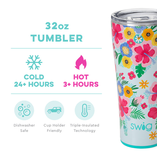 Swig Life 32oz Island Bloom Tumbler temperature infographic - cold 24+ hours or hot 3+ hours
