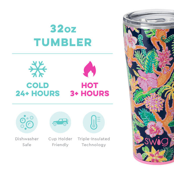 Swig Life 32oz Jungle Gym Tumbler temperature infographic - cold 24+ hours or hot 3+ hours