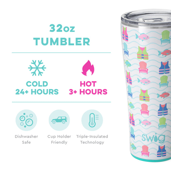 Swig Life 32oz Lake Girl Tumbler temperature infographic - cold 24+ hours or hot 3+ hours