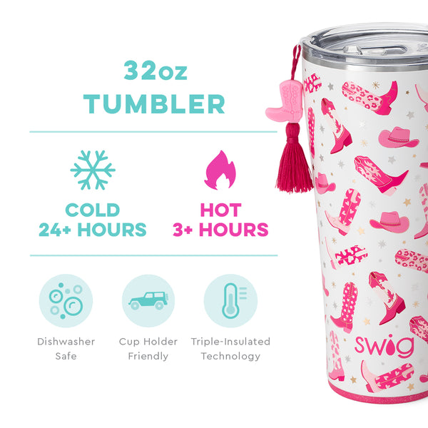 Swig Life 32oz Let's Go Girls Tumbler temperature infographic - cold 24+ hours or hot 3+ hours