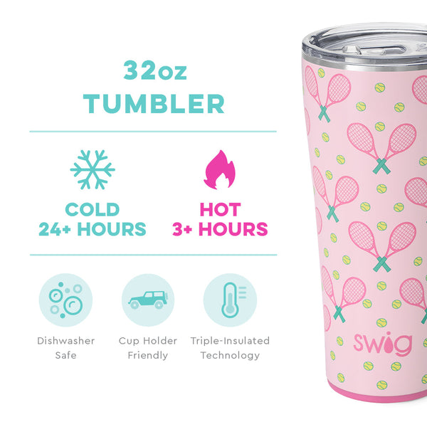 Swig Life 32oz Love All Tumbler temperature infographic - cold 24+ hours or hot 3+ hours