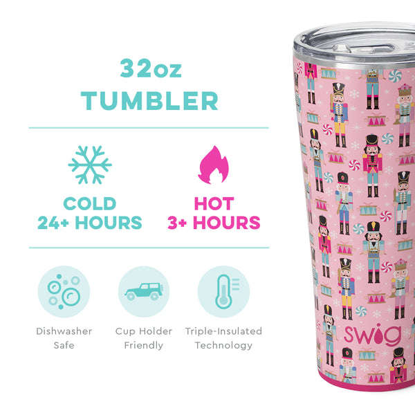 Swig Life 32oz Nutcracker Tumbler temperature infographic - cold 24+ hours or hot 3+ hours