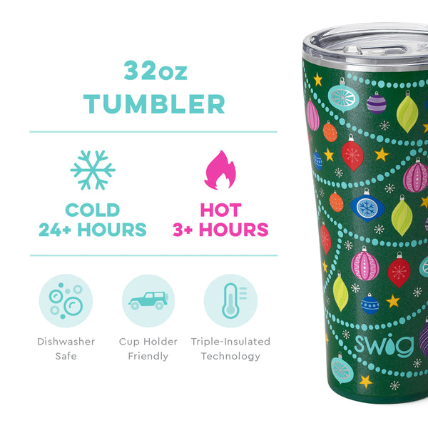 Swig Life 32oz O Christmas Tree Tumbler temperature infographic - cold 24+ hours or hot 3+ hours
